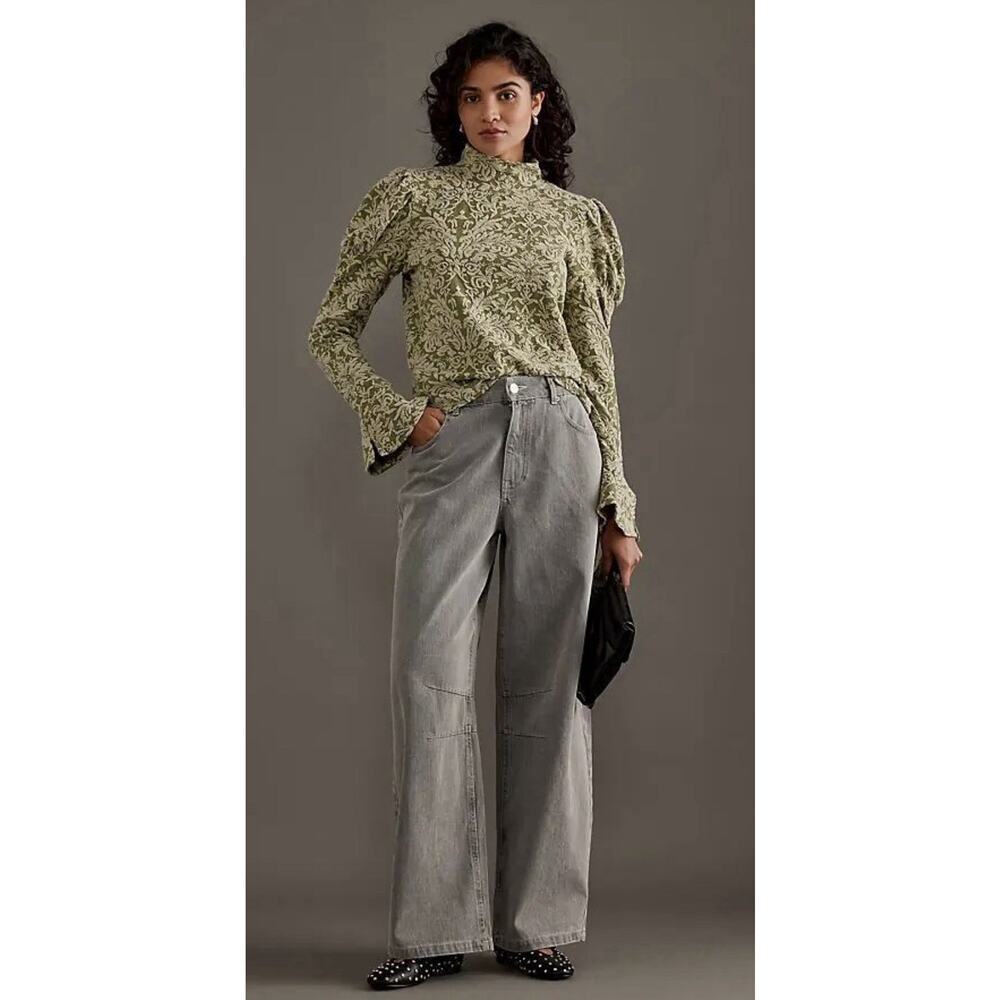 Anthropologie Puff-Sleeve Turtleneck Jacquard Green Top Women’s Size Medium